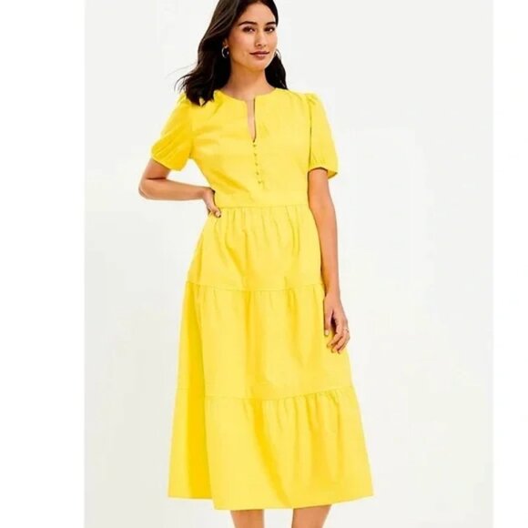 Loft 2023 Puff Sleeve Tiered Midi Dress Women’s Size 4 Peasant Lightweight Boho - Picture 1 of 4